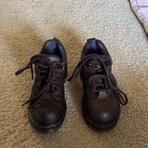 Dr. Martens Women's Dark Brown Leather Lace-Up Boots with Yellow Welt Stitching